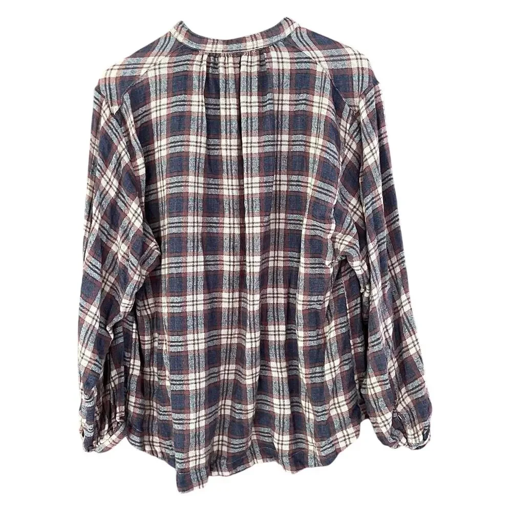 Free People Top Plaid Band Collar 1/4 Button Long Sleeve Boho Womens Medium‎